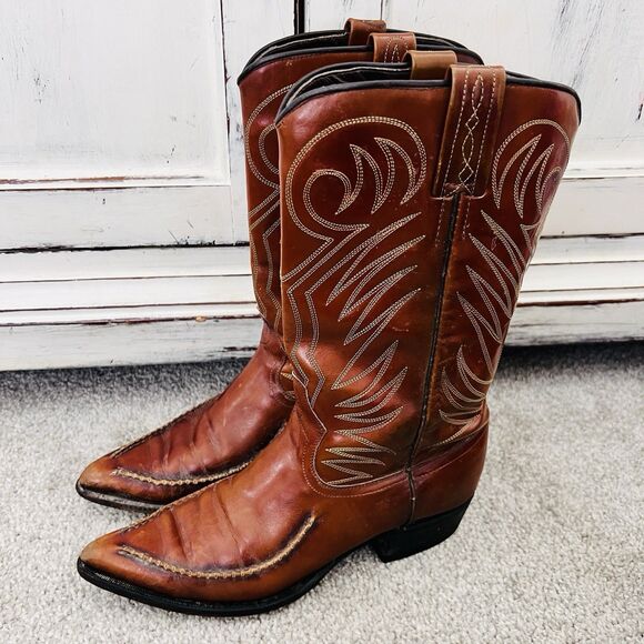 Dan Post Brown Leather Whip Stitch Pointed Toe Flame Cowgirl Boots Womens 6.5 - Picture 1 of 9